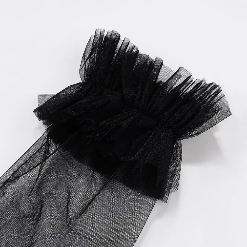 Women's Fingerless Black Long Sleeves Gloves Puffy Ruffle Cuffs Wedding Prom